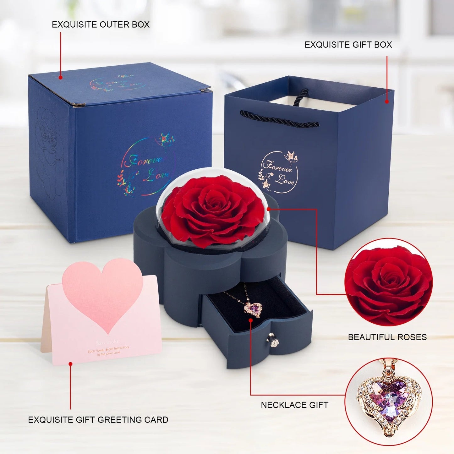 Preserved Flowers with High-End Rose Necklace Gift Box for Mothers