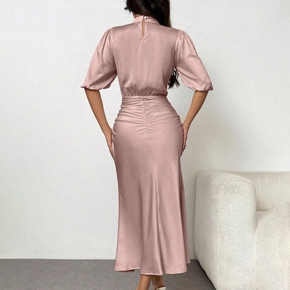 Women's Short Sleeve Mock Neck Ruched Midi Dress Slim Fit Elegant Party Dress