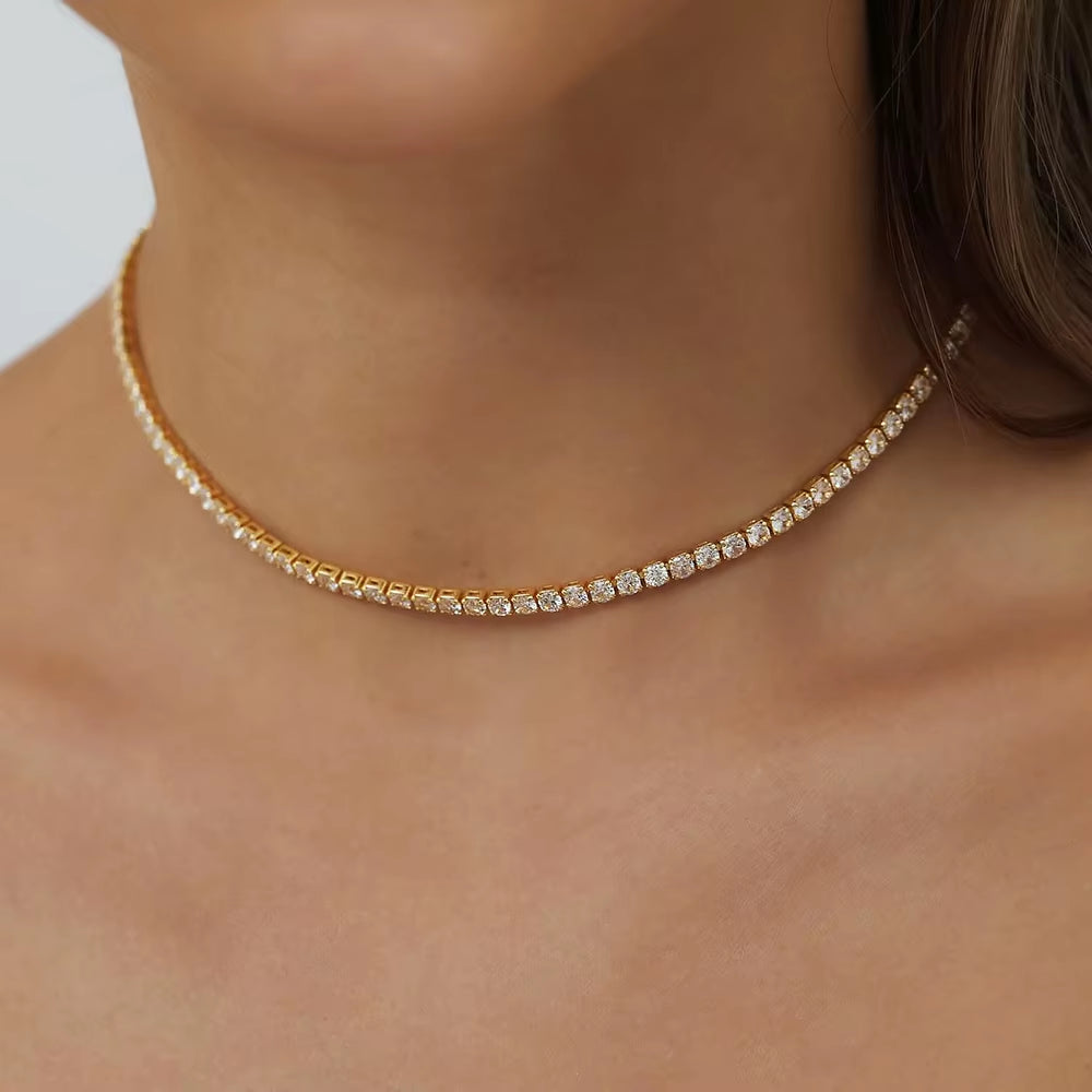 Women S925 Silver Plated 18K Gold Sparking Rhinestone Choker Chain Wedding Jewelry Adjustable