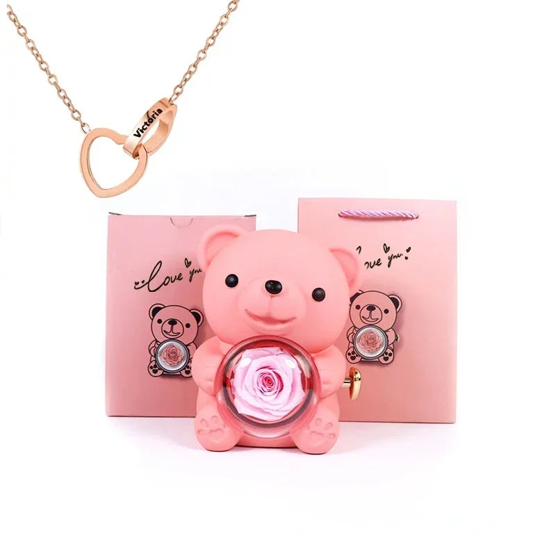 Eternal Rose Teddy Bear Rose Shaped Necklace Jewellery Gift Box Romantic Acrylic Flower Ring Locket