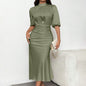 Women's Short Sleeve Mock Neck Ruched Midi Dress Slim Fit Elegant Party Dress