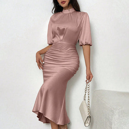 Women's Short Sleeve Mock Neck Ruched Midi Dress Slim Fit Elegant Party Dress