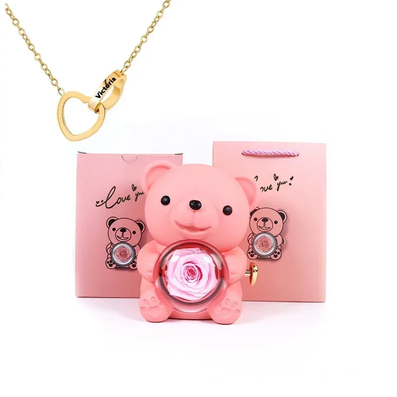 Eternal Rose Teddy Bear Rose Shaped Necklace Jewellery Gift Box Romantic Acrylic Flower Ring Locket