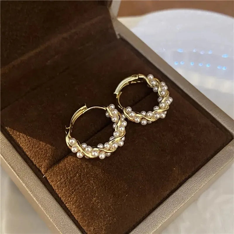 French Imitation Pearl Circel Earring Small round Hoop Earrings 1 pair