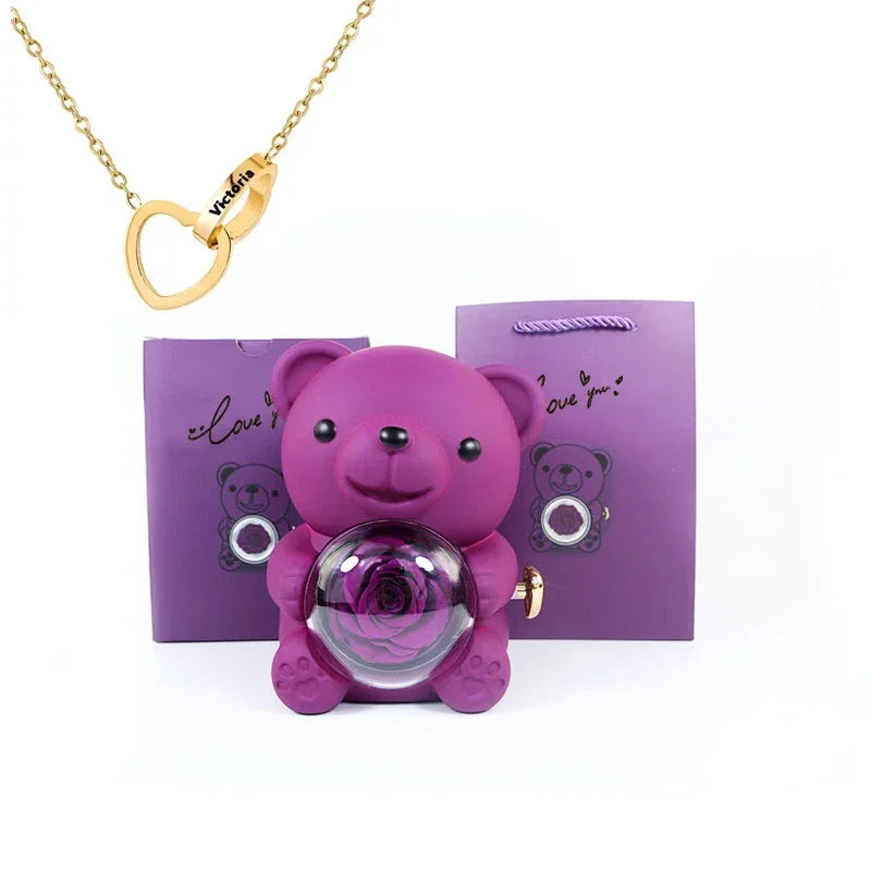 Eternal Rose Teddy Bear Rose Shaped Necklace Jewellery Gift Box Romantic Acrylic Flower Ring Locket