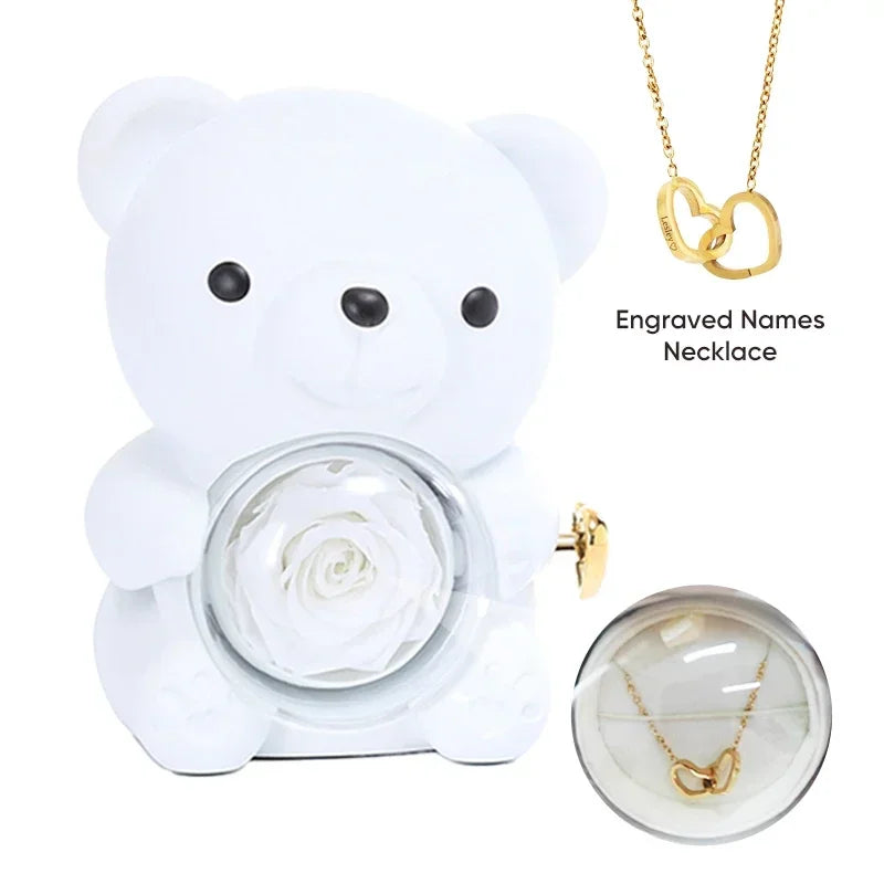 Eternal Rose Teddy Bear Rose Shaped Necklace Jewellery Gift Box Romantic Acrylic Flower Ring Locket