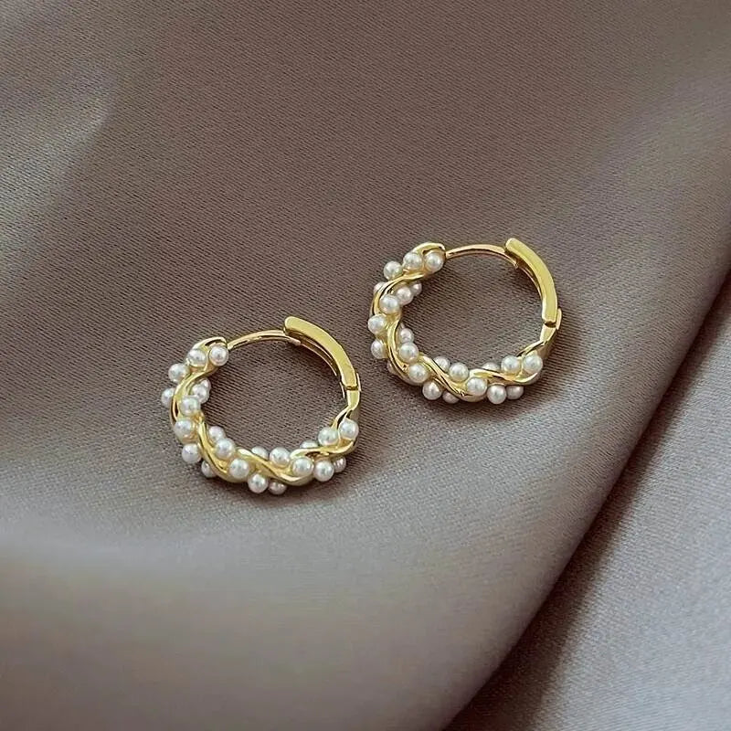 French Imitation Pearl Circel Earring Small round Hoop Earrings 1 pair