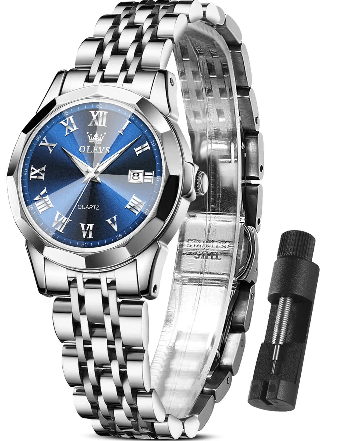 Women Elegant Sliver Stainless Steel Strap Womens Watches Day Date Watches