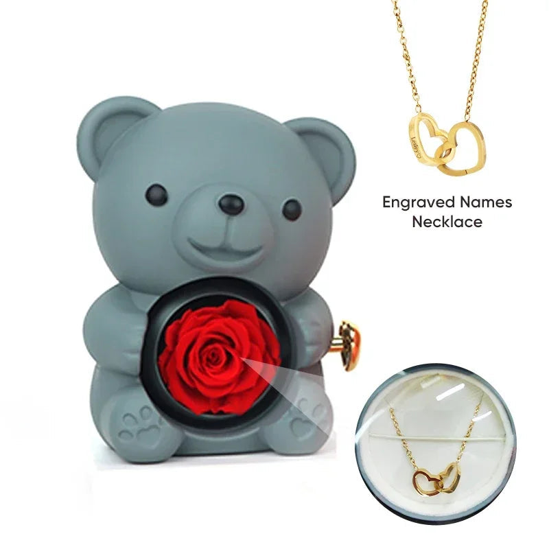 Eternal Rose Teddy Bear Rose Shaped Necklace Jewellery Gift Box Romantic Acrylic Flower Ring Locket