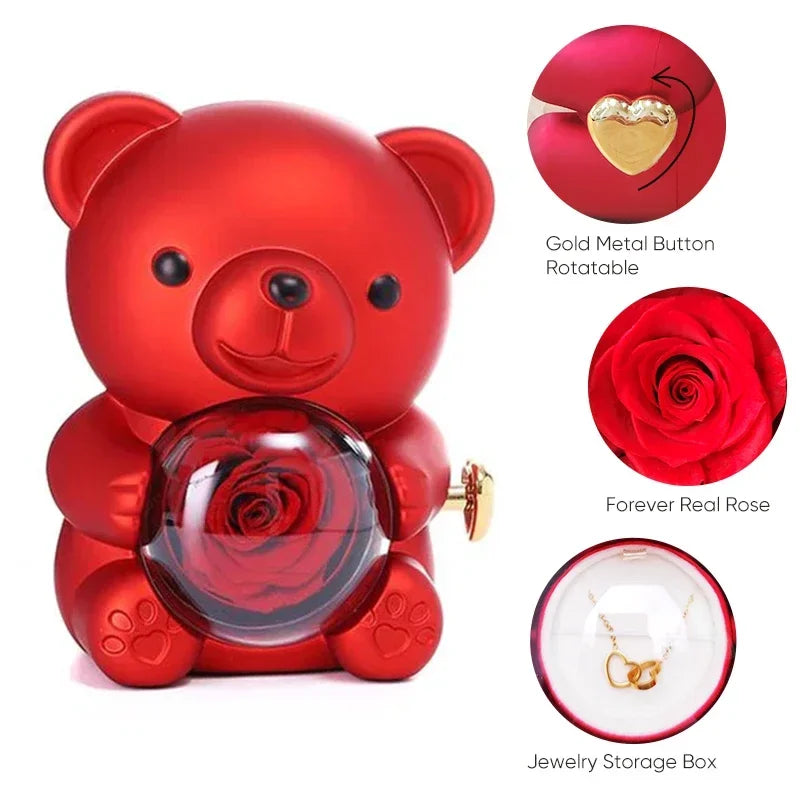 Eternal Rose Teddy Bear Rose Shaped Necklace Jewellery Gift Box Romantic Acrylic Flower Ring Locket