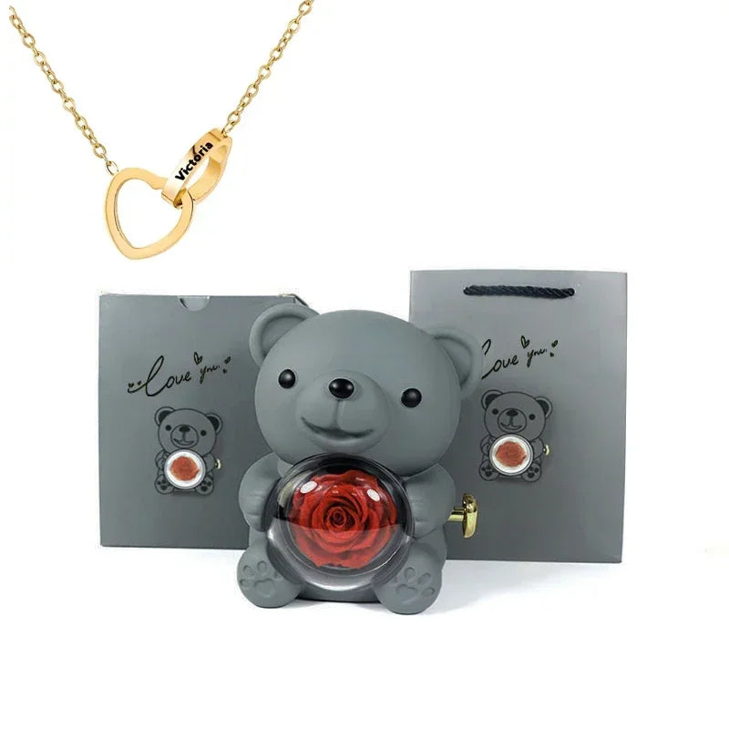 Eternal Rose Teddy Bear Rose Shaped Necklace Jewellery Gift Box Romantic Acrylic Flower Ring Locket