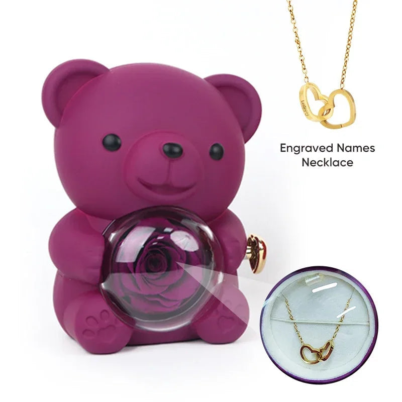 Eternal Rose Teddy Bear Rose Shaped Necklace Jewellery Gift Box Romantic Acrylic Flower Ring Locket