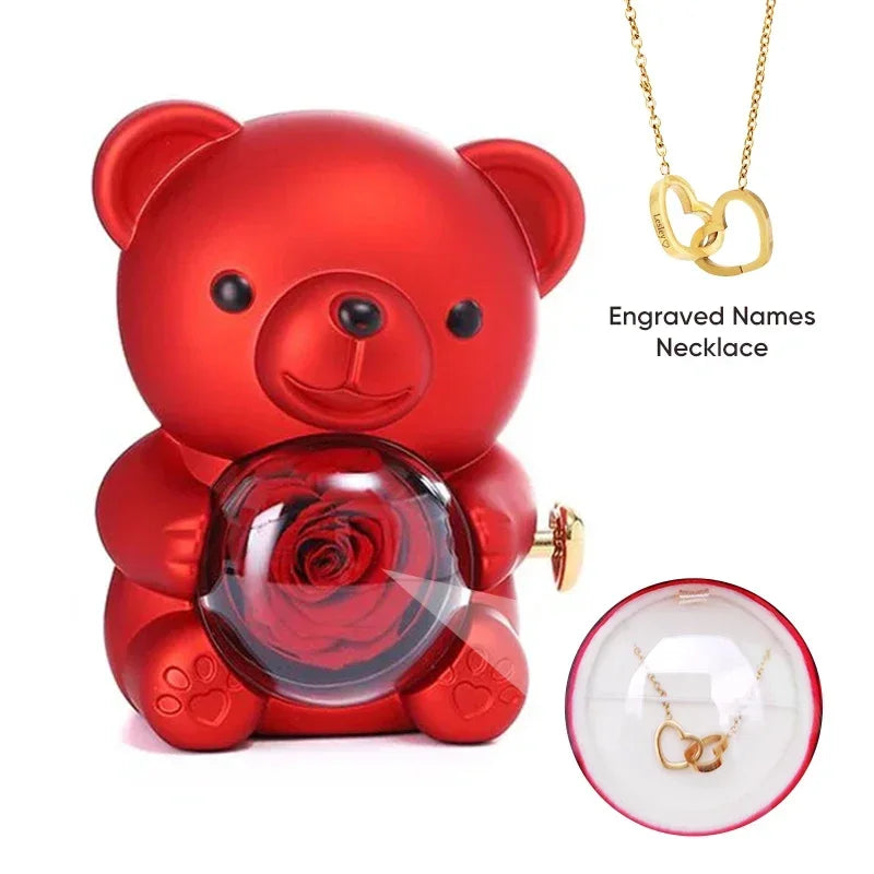 Eternal Rose Teddy Bear Rose Shaped Necklace Jewellery Gift Box Romantic Acrylic Flower Ring Locket