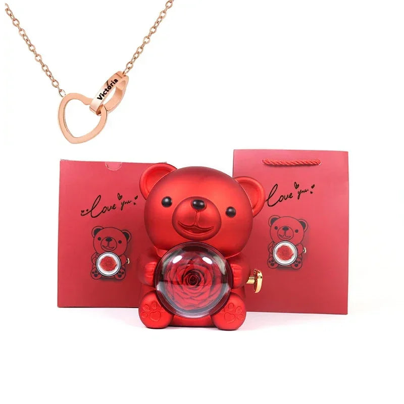 Eternal Rose Teddy Bear Rose Shaped Necklace Jewellery Gift Box Romantic Acrylic Flower Ring Locket