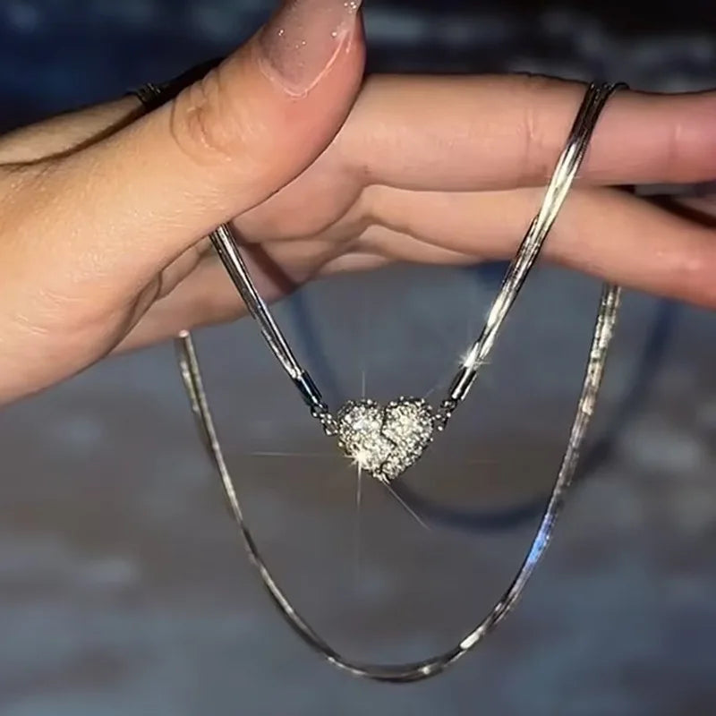 Temperament Exquisite Rhinestone Broken Heart Necklace Multilayer Chains Choker