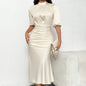 Women's Short Sleeve Mock Neck Ruched Midi Dress Slim Fit Elegant Party Dress