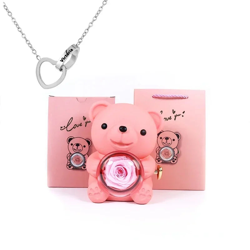 Eternal Rose Teddy Bear Rose Shaped Necklace Jewellery Gift Box Romantic Acrylic Flower Ring Locket