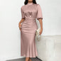Women's Short Sleeve Mock Neck Ruched Midi Dress Slim Fit Elegant Party Dress