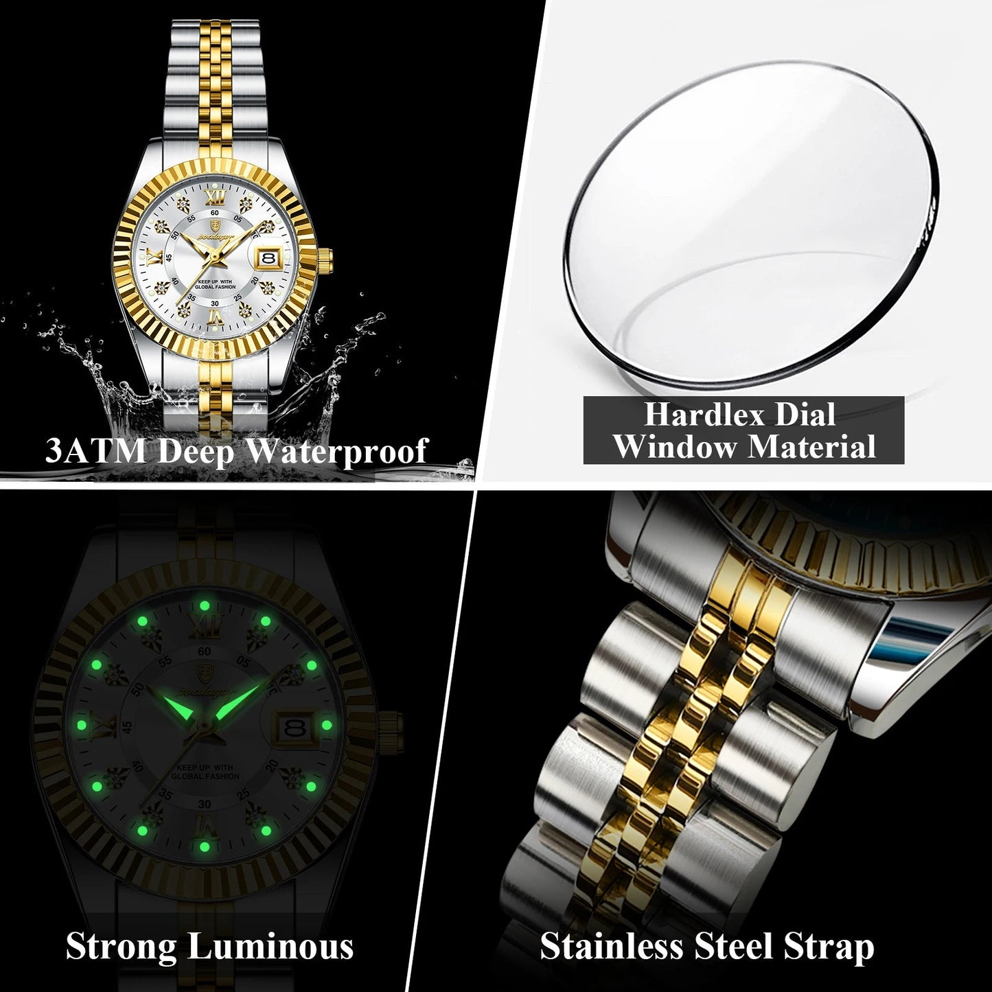 Women Waterproof Luminous Date Ladies Watch Stainless Steel Quartz Women'