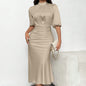 Women's Short Sleeve Mock Neck Ruched Midi Dress Slim Fit Elegant Party Dress