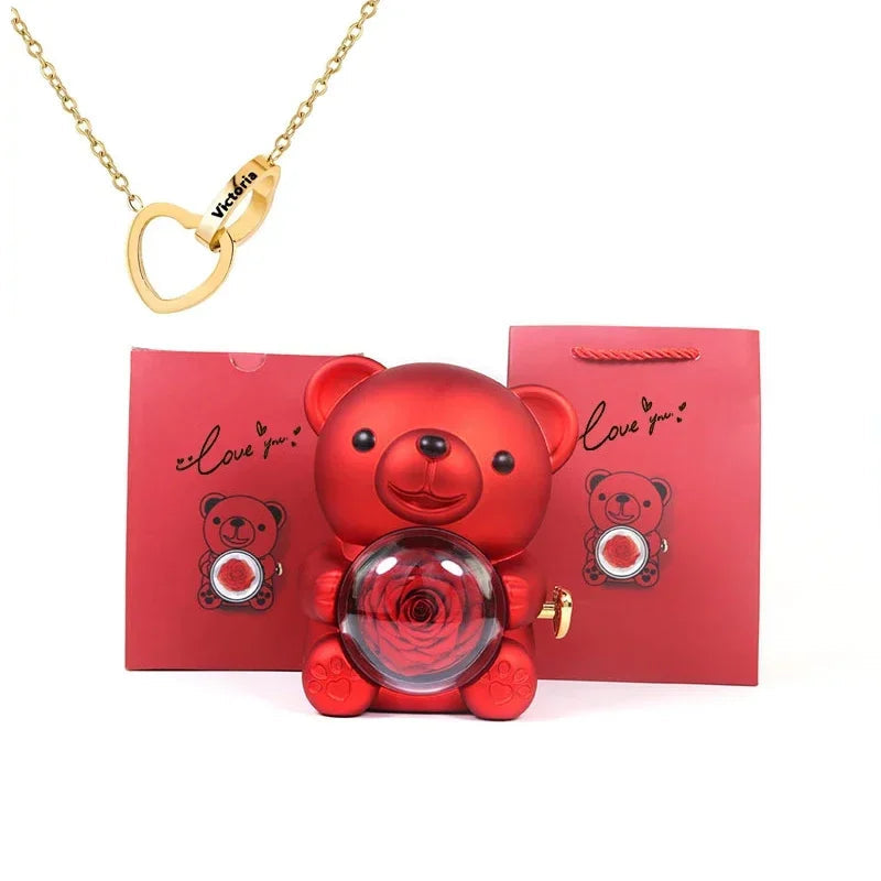 Eternal Rose Teddy Bear Rose Shaped Necklace Jewellery Gift Box Romantic Acrylic Flower Ring Locket