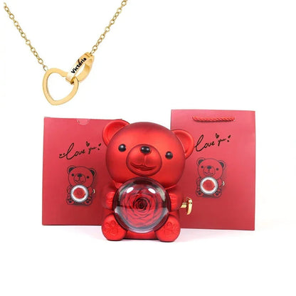 Eternal Rose Teddy Bear Rose Shaped Necklace Jewellery Gift Box Romantic Acrylic Flower Ring Locket