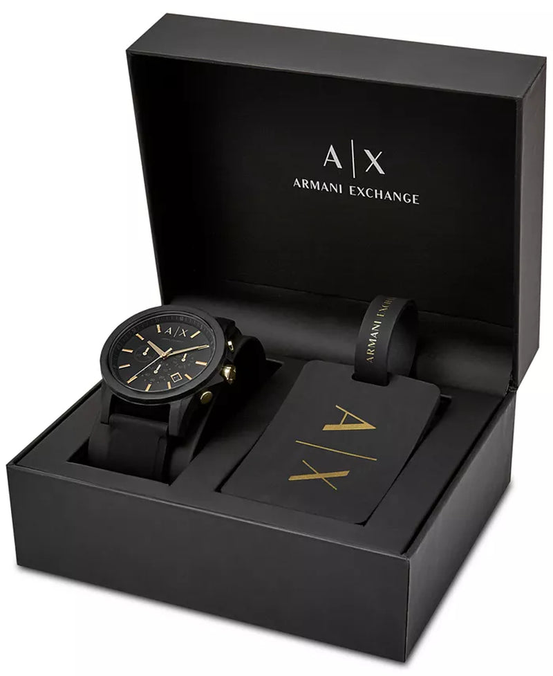 Chronograph Black Silicone Strap Watch 45Mm Gift Set